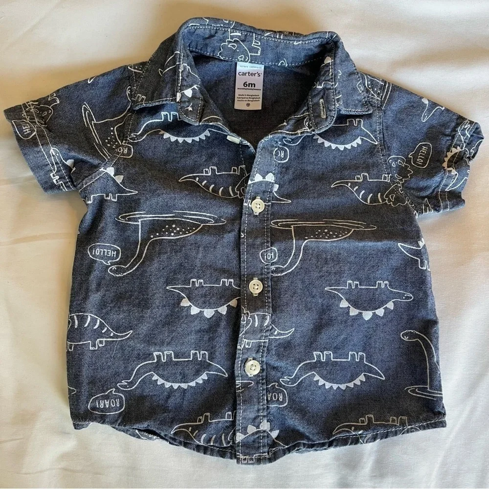 Carter’s Dinosaur Denim Style Button Up T Shirt Size 6 Months